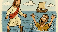 Dowcip: Jezus chodzi po falach — Piotr tonie